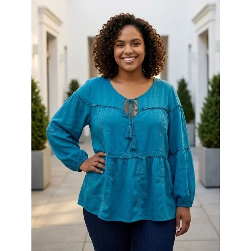 Lane Bryant 14/16 Women's Blouse Teal Embroidered Beaded Peasant Top Tassel Tie